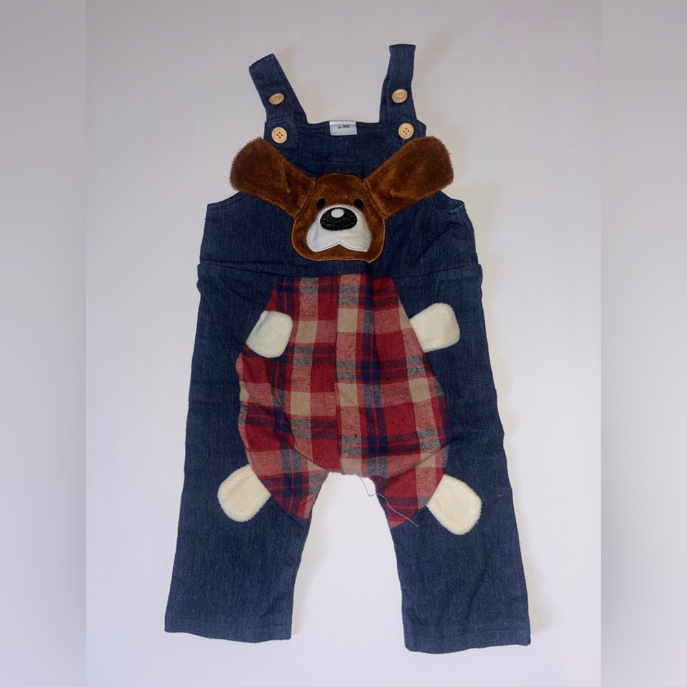Navy Baby Overalls with Red Plaid Bear Appliqué